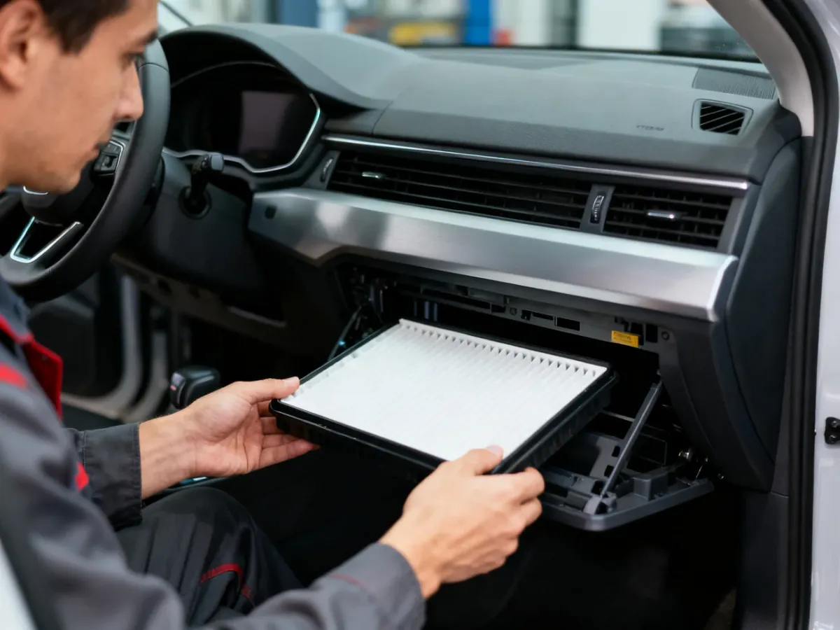 Mechanik wymienia filtr kabinowy za schowkiem pasażera