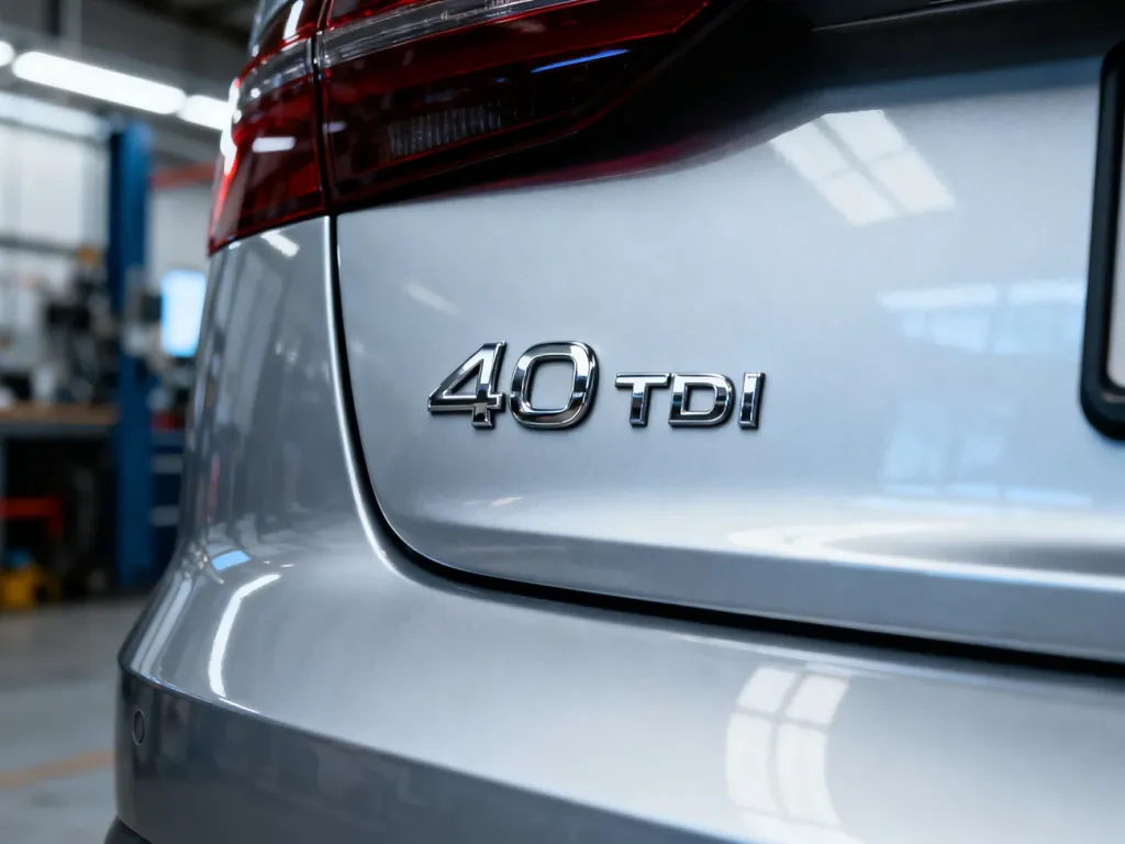 Srebrny emblemat „40 TDI” na klapie bagażnika samochodu marki Audi w profesjonalnym warsztacie.
