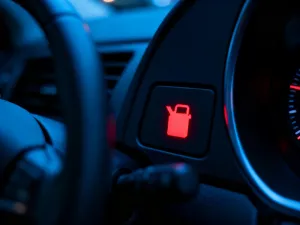Zbliżenie na nowoczesną dźwignię zmiany biegów z widocznym mechanizmem blokady wewnątrz samochodu.