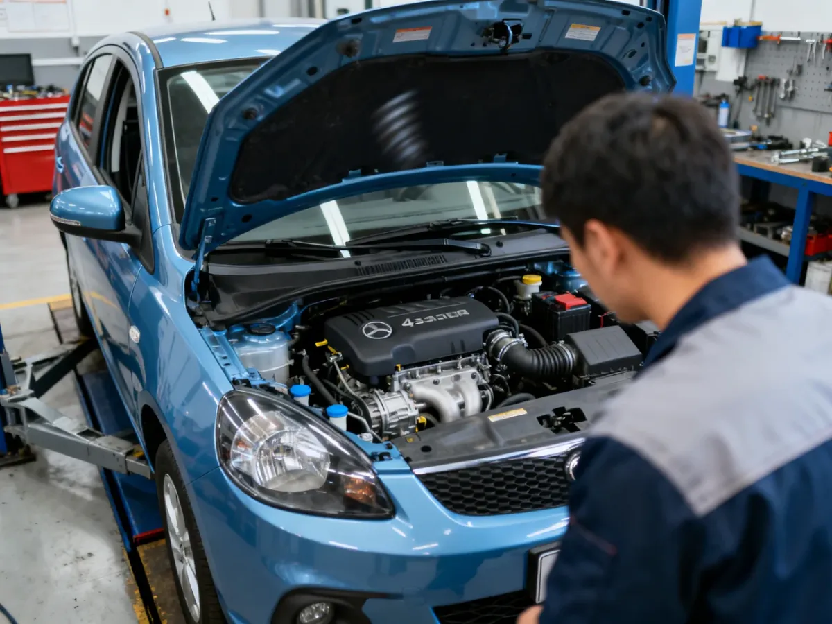 Mechanik sprawdzający kompaktowy silnik trzycylindrowy w samochodzie