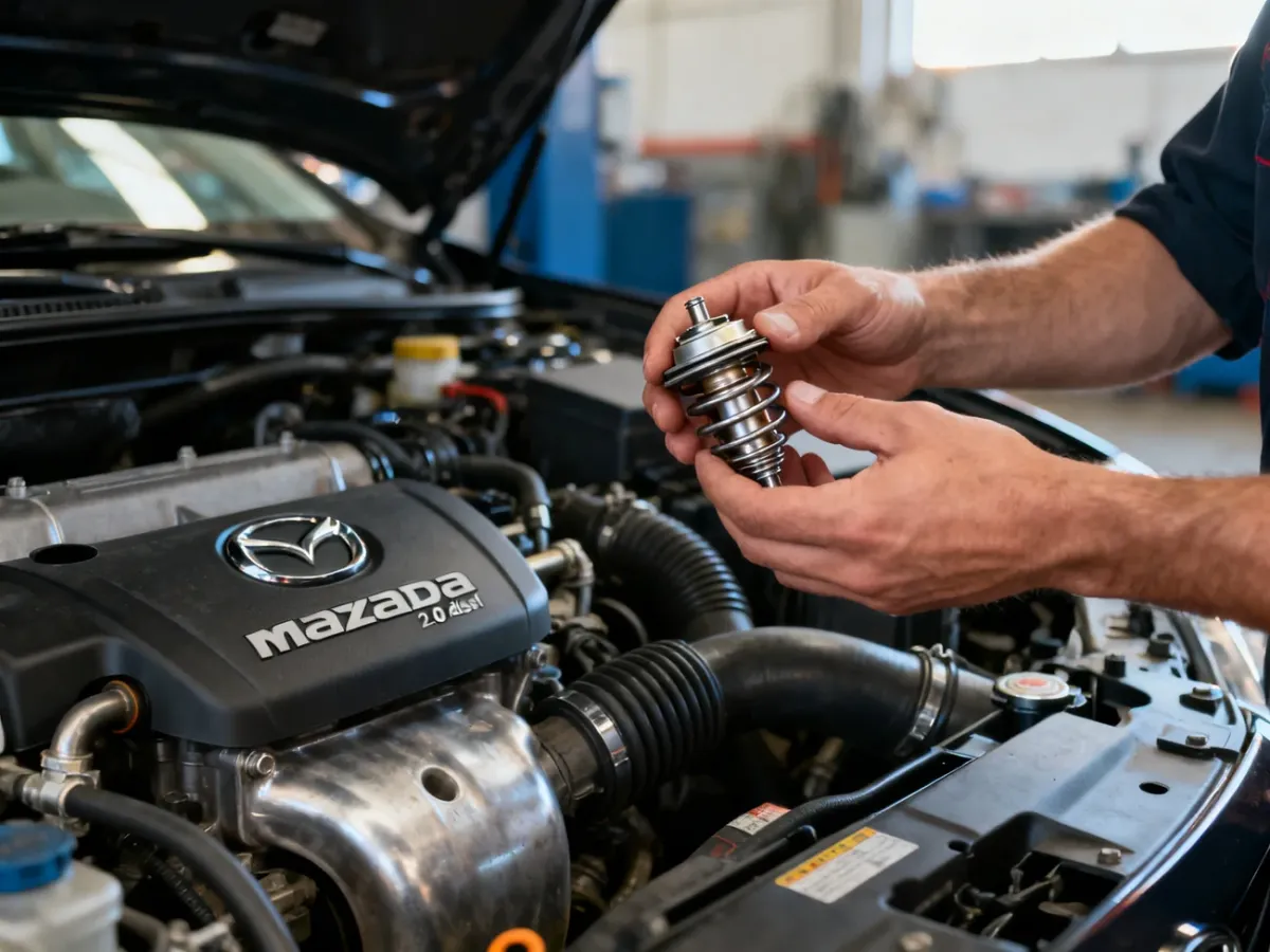 Mechanik trzyma nowy termostat na tle otwartej komory silnika Mazdy 6 2.0 diesel, przygotowując się do wymiany części.