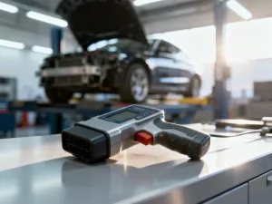 Zbliżenie na uszkodzoną płytkę drukowaną statecznika elektronicznego z widocznymi przepaleniami i spuchniętym kondensatorem.