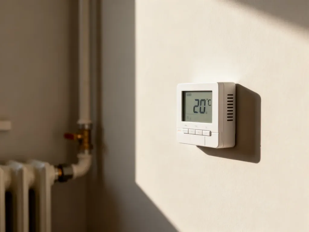 Nowoczesny termostat cyfrowy zamontowany na ścianie z widocznym wyświetlaczem temperatury i grzejnikiem w tle.