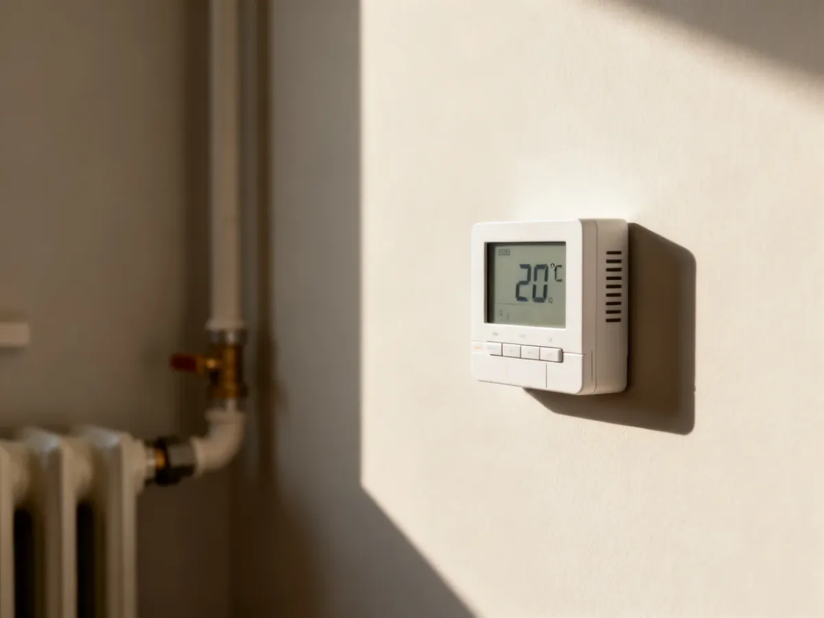 Nowoczesny termostat cyfrowy zamontowany na ścianie z widocznym wyświetlaczem temperatury i grzejnikiem w tle.