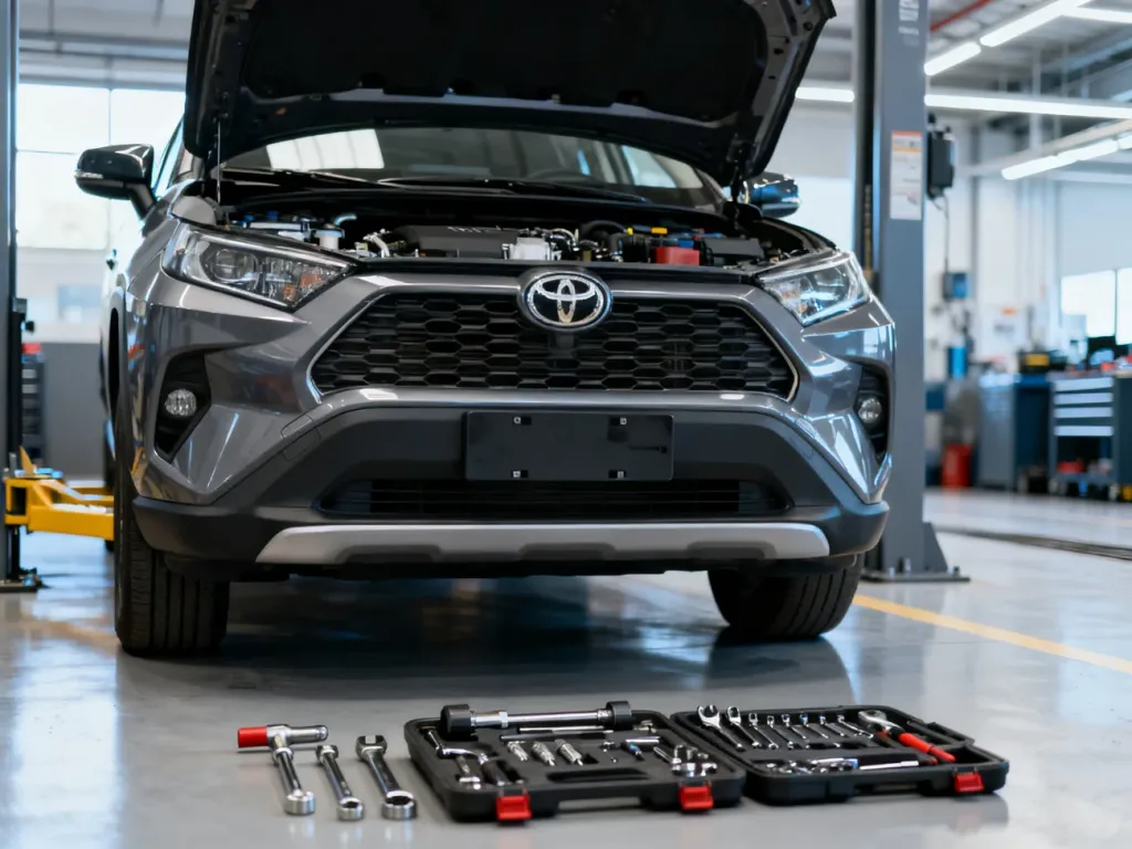 Otwarta maska Toyoty RAV4 z widocznym silnikiem oraz zestawem narzędzi przygotowanych do serwisu w profesjonalnym warsztacie.