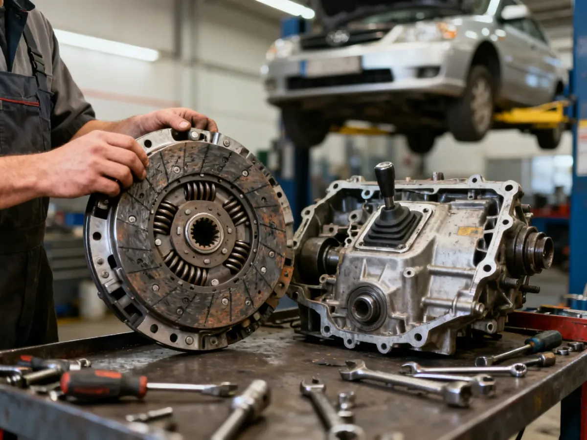 Mechanik oceniający zużycie koła dwumasowego i sprzęgła w warsztacie samochodowym