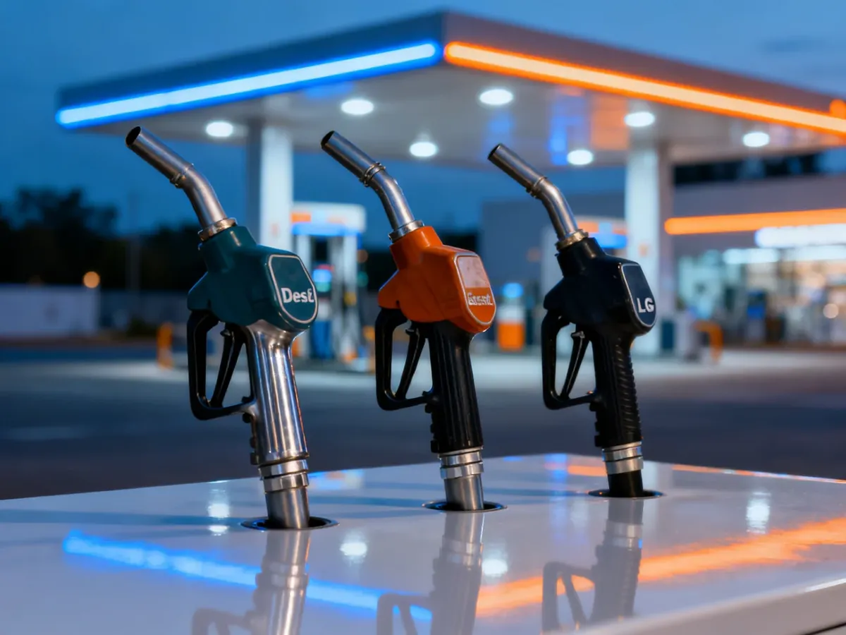 Trzy pistolety paliwowe (diesel, benzyna, LPG) na tle nowoczesnej stacji paliw, symbolizujące wybór rodzaju napędu.