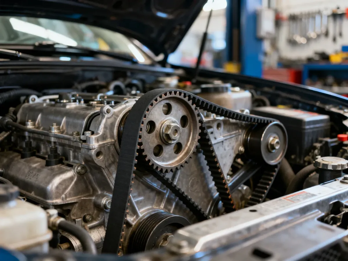 Zbliżenie na pasek rozrządu w otwartej komorze silnika Volvo, ukazujące detale mechanizmu napędowego.