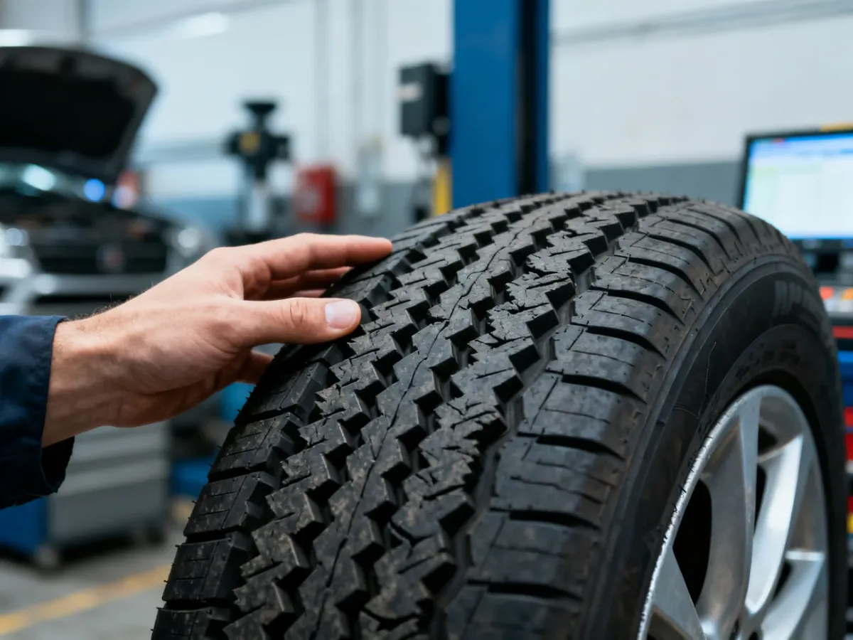 Mechanik sprawdza nierównomierne i ząbkowane zużycie bieżnika opony