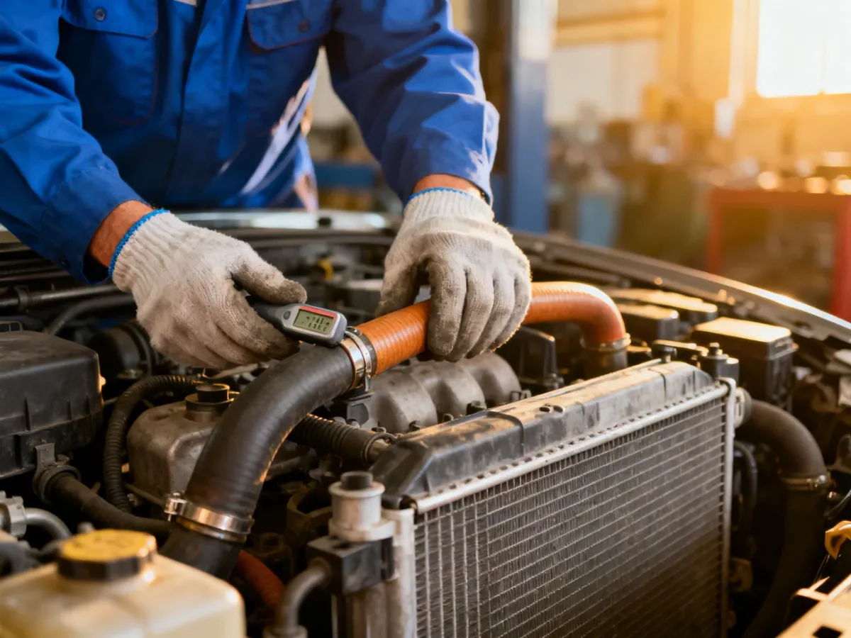 Mechanik ostrożnie sprawdza temperaturę górnego węża chłodnicy