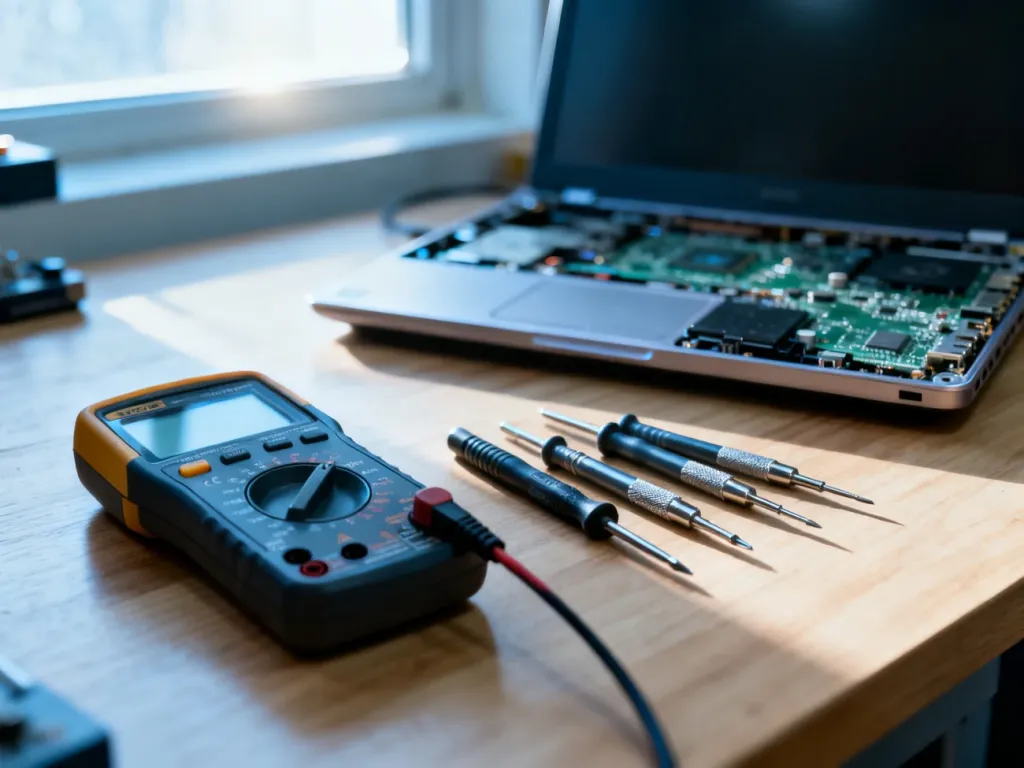 Profesjonalny warsztat naprawy elektroniki z multimetrem i zestawem precyzyjnych śrubokrętów na drewnianym stole.