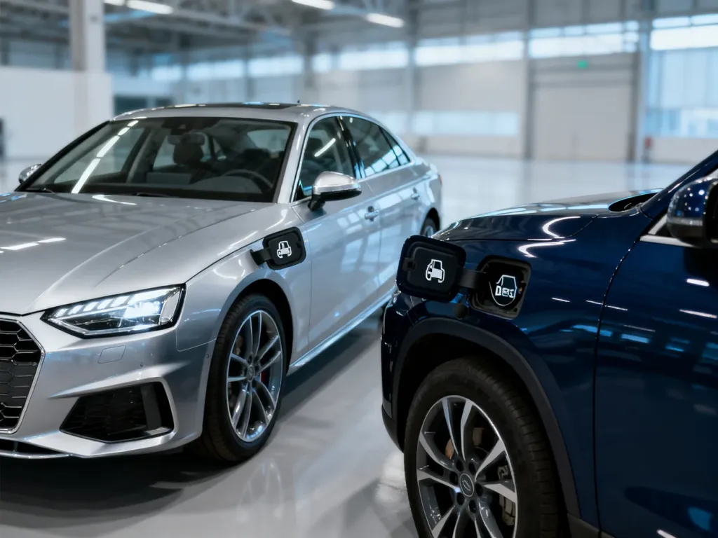 Dwa nowoczesne samochody w salonie: sedan z silnikiem benzynowym oraz SUV z silnikiem diesla.