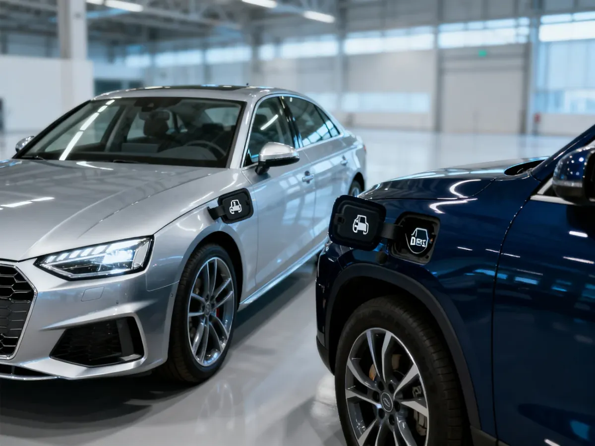Dwa nowoczesne samochody w salonie: sedan z silnikiem benzynowym oraz SUV z silnikiem diesla.
