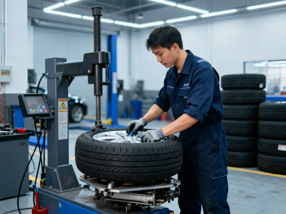 Mechanik wymieniający koło samochodowe w profesjonalnym serwisie opon