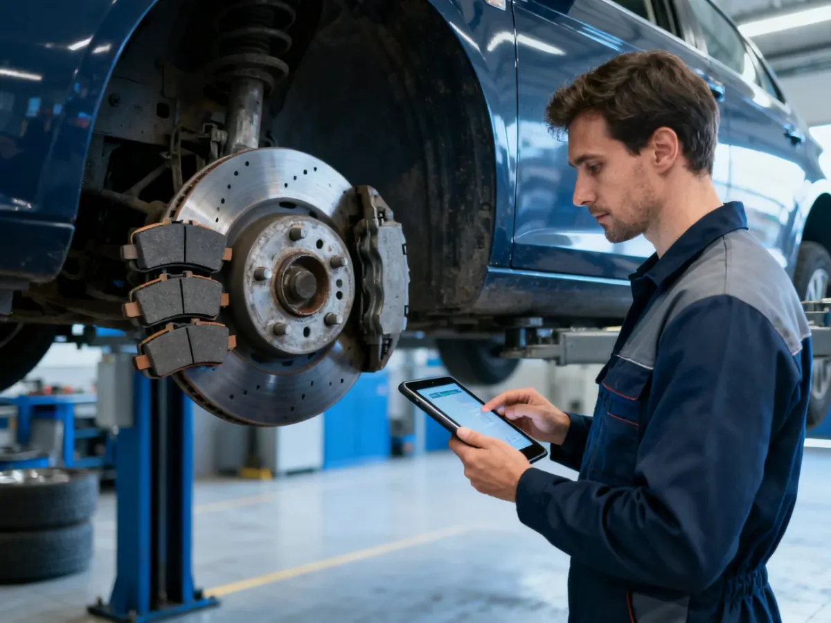 Mechanik dobierający części hamulcowe i sprawdzający dane samochodu