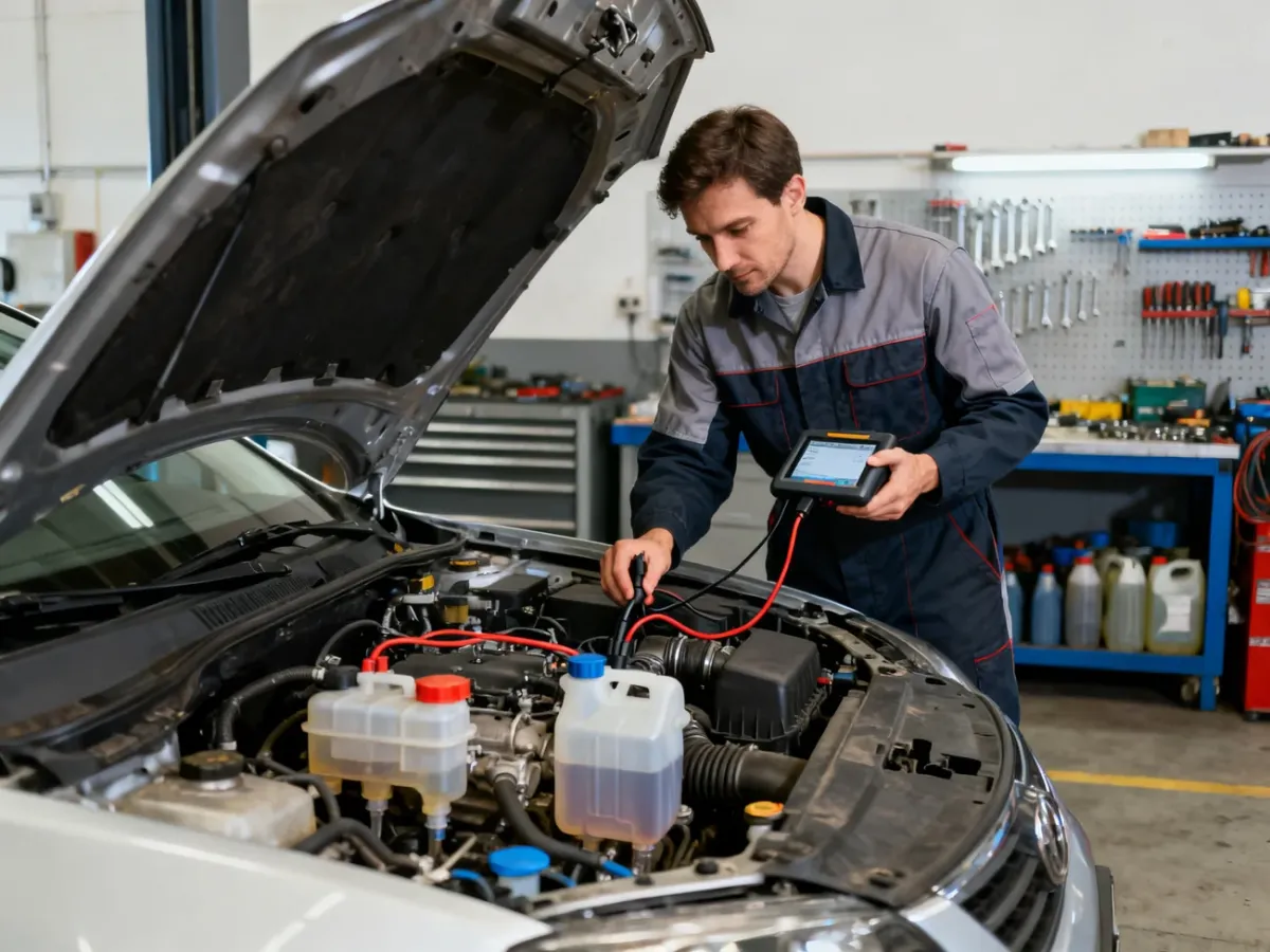 Mechanik wykonujący komputerową diagnostykę układu wtryskowego