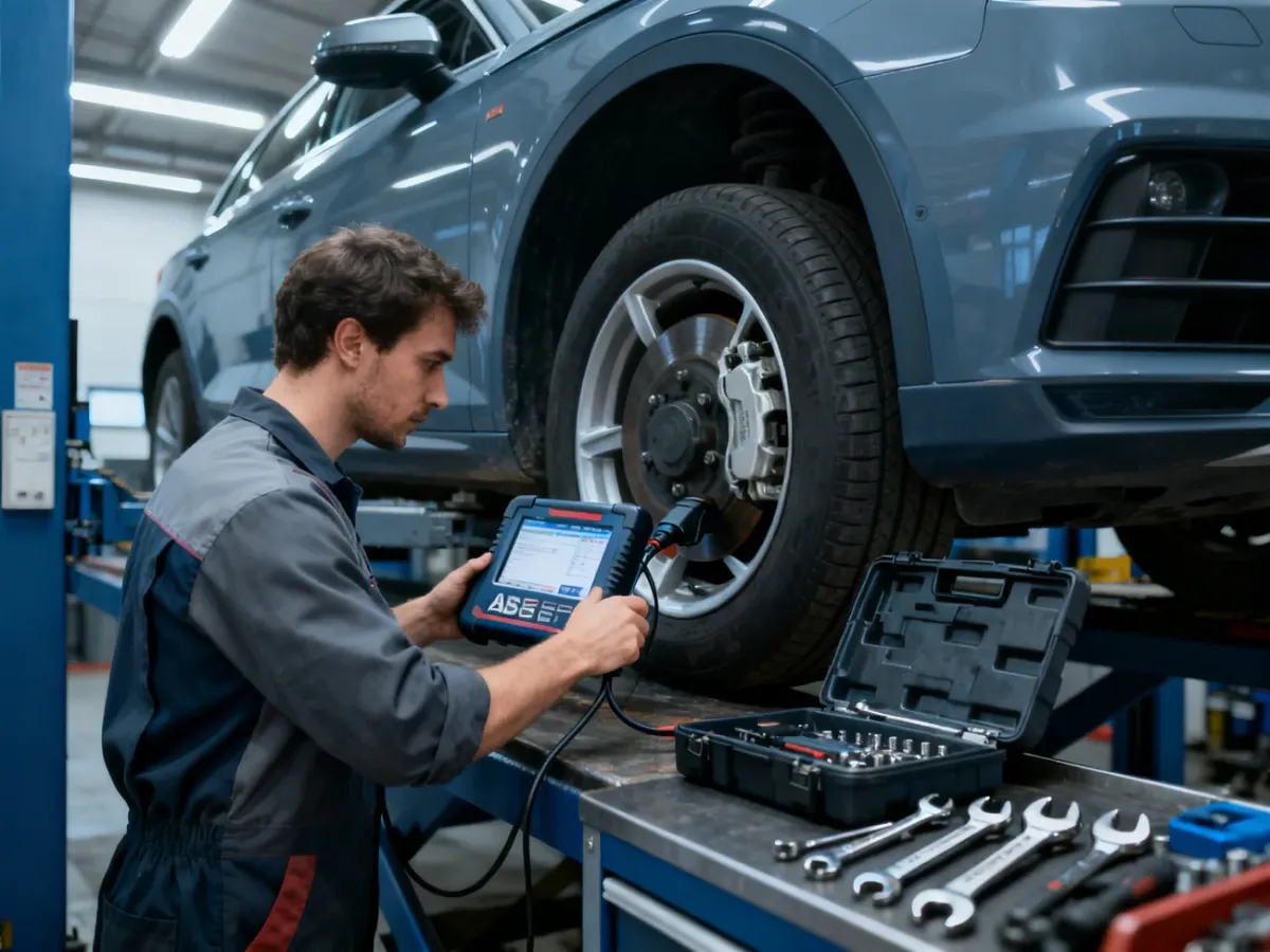 Mechanik diagnozujący układ ABS i ESP za pomocą testera