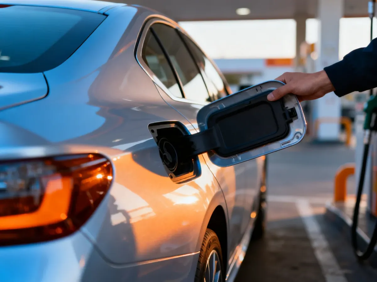 Dłoń otwiera klapkę wlewu paliwa w srebrnym samochodzie Toyota Yaris na stacji benzynowej.
