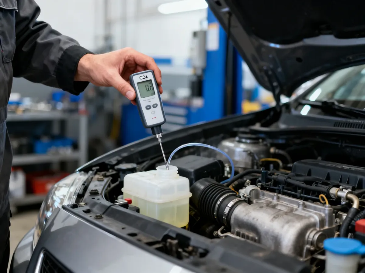 Mechanik wykonujący test CO2 układu chłodzenia samochodu