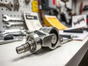 Zużyty pasek rozrządu leżący obok metalowych kół zębatych w komorze silnika samochodu.