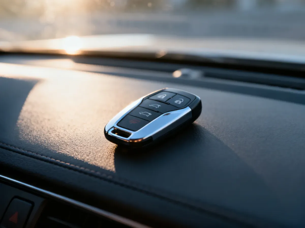Nowoczesny kluczyk samochodowy typu smart key spoczywający na desce rozdzielczej pojazdu.