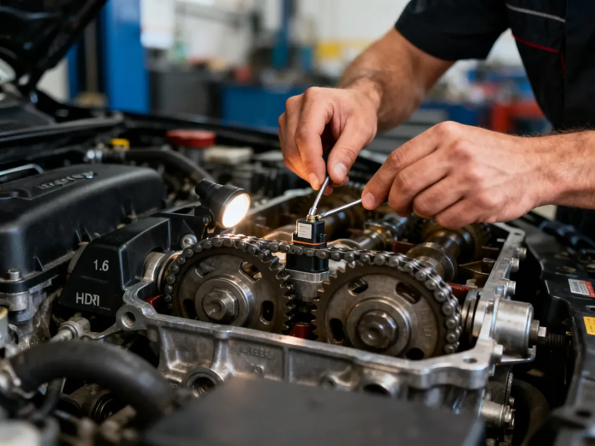 Mechanik ostrożnie kontrolujący enkoder magnetyczny przy układzie rozrządu silnika 1.6 HDI
