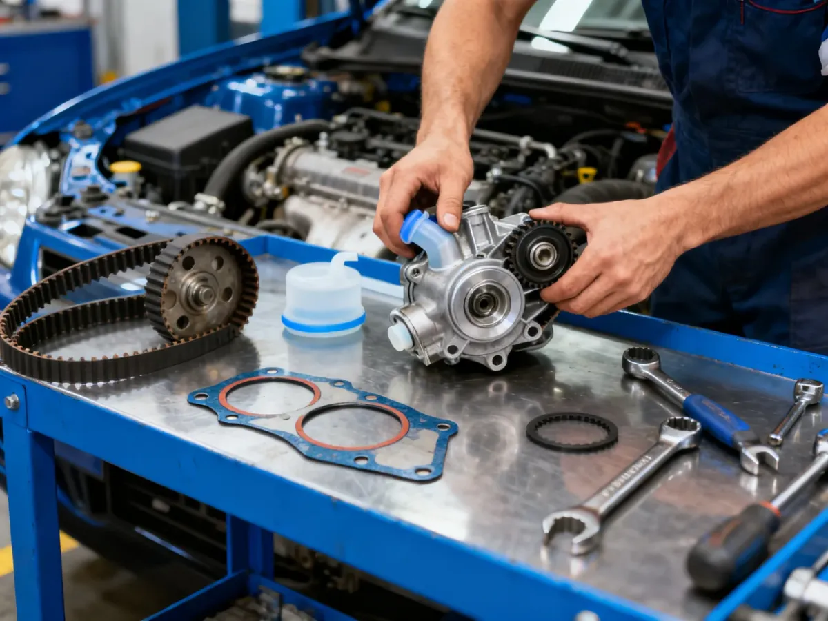Mechanik montujący nową pompę wody przy elementach rozrządu