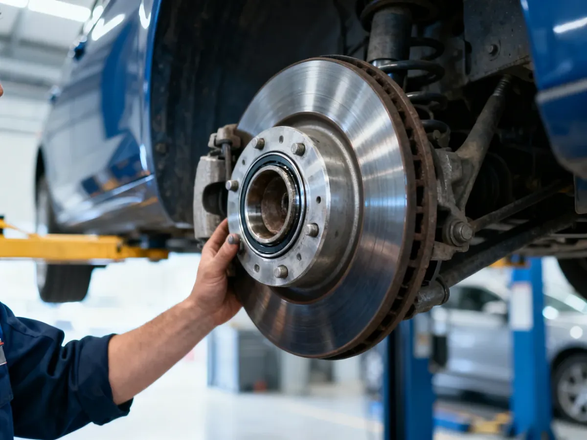 Mechanik sprawdza łożysko i piastę koła samochodu