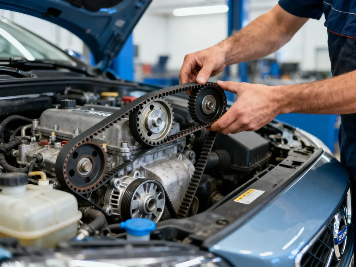 Mechanik wymieniający kompletny zestaw rozrządu w silniku Volvo S60
