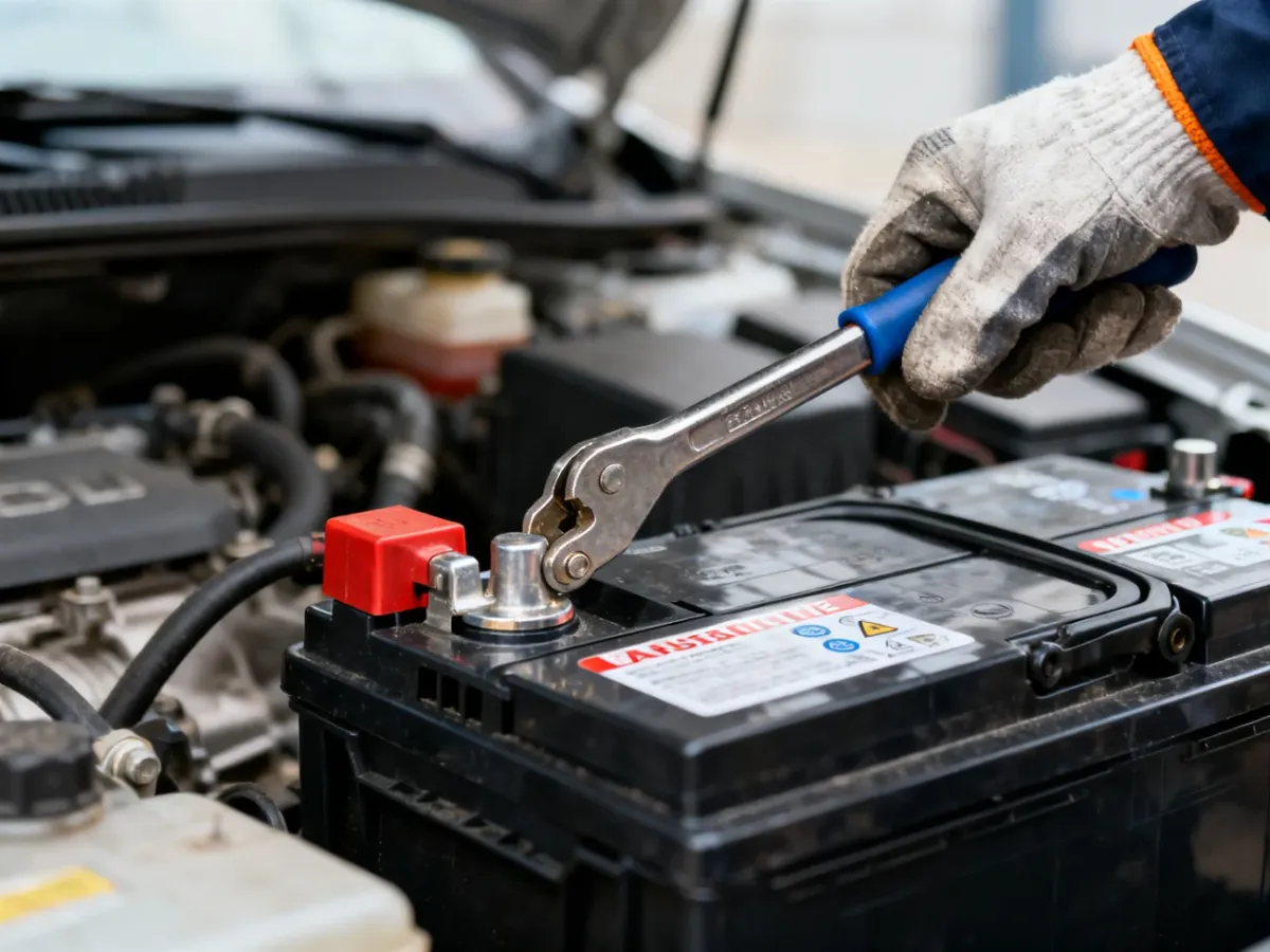 Mechanik odłącza ujemną klemę akumulatora samochodowego