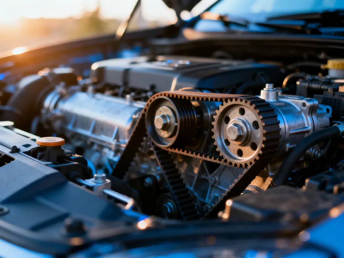 Otwarta komora silnika Renault Megane 3 z widocznym paskiem rozrządu i metalowymi podzespołami w świetle poranka.