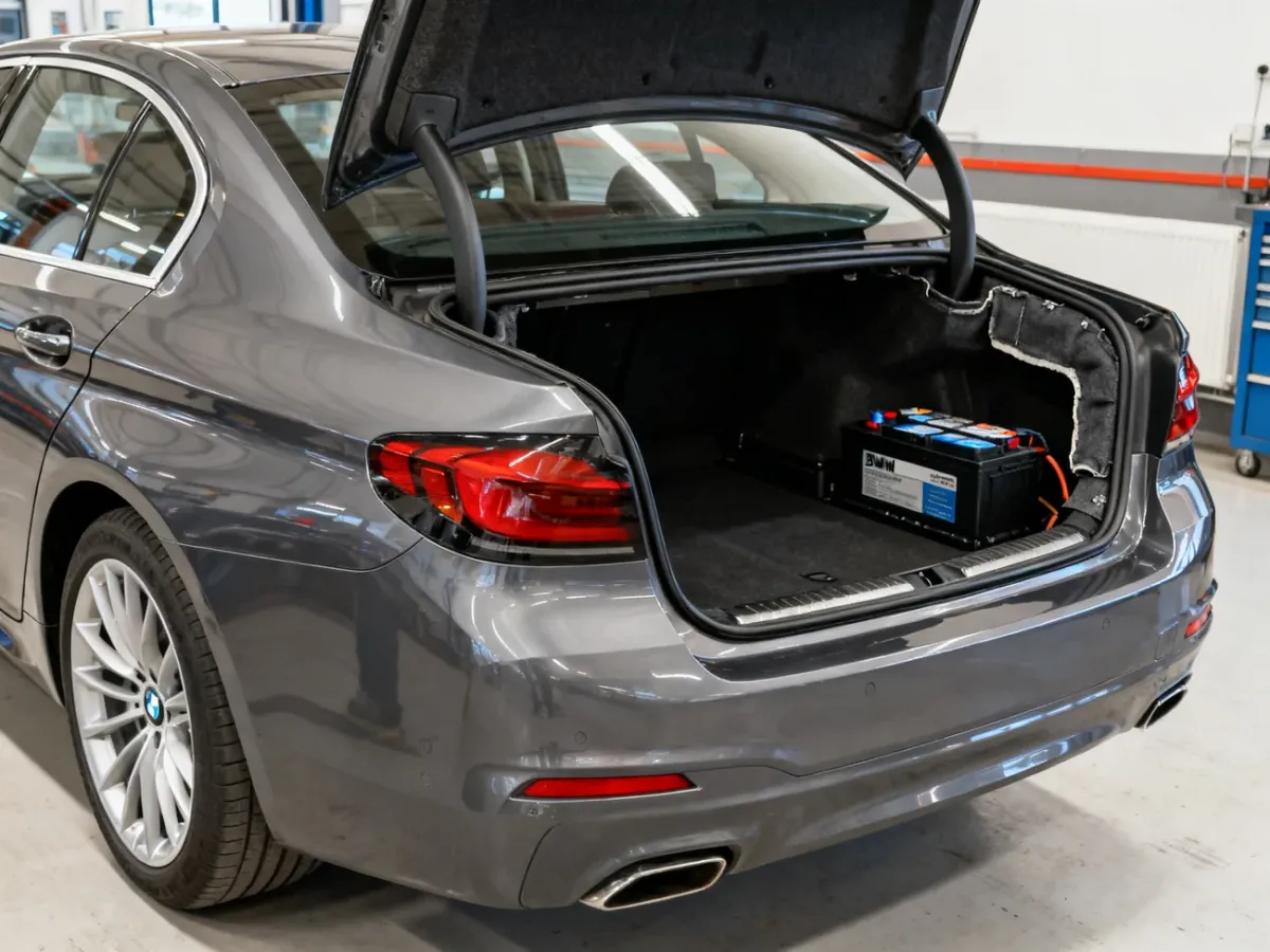 Akumulator BMW serii 5 ukryty za prawą boczną osłoną bagażnika