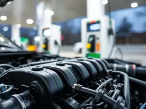 Zbliżenie na mechanizm łańcucha rozrządu w komorze silnika Toyoty Yaris w profesjonalnym warsztacie.