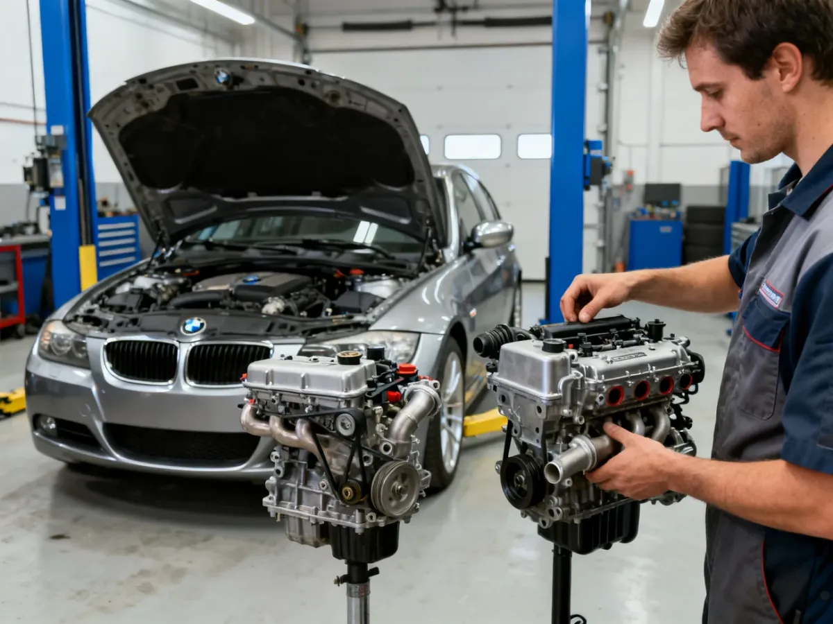 Mechanik porównujący i sprawdzający silnik benzynowy BMW E90 w warsztacie