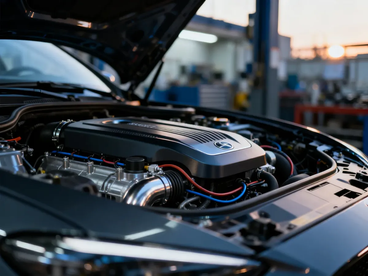 Zadbana komora silnika BMW serii 5 z widocznymi detalami nowoczesnej jednostki napędowej w profesjonalnym warsztacie.