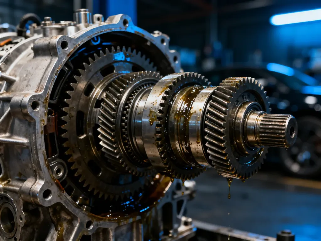 Zbliżenie na precyzyjny mechanizm dwusprzęgłowej skrzyni biegów z widocznymi elementami przekładni i śladami eksploatacji.