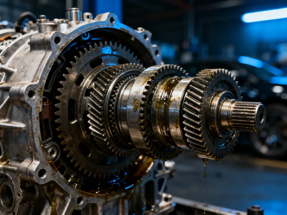 Zbliżenie na precyzyjny mechanizm dwusprzęgłowej skrzyni biegów z widocznymi elementami przekładni i śladami eksploatacji.