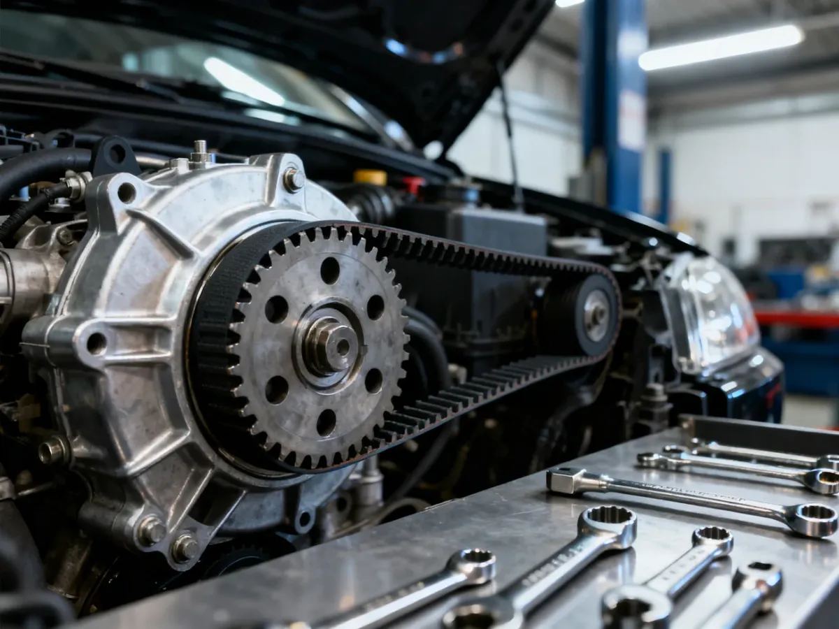 Mechanik wymienia pasek rozrządu w silniku samochodu Opel Corsa B. Widoczne są nowe części oraz profesjonalne narzędzia.