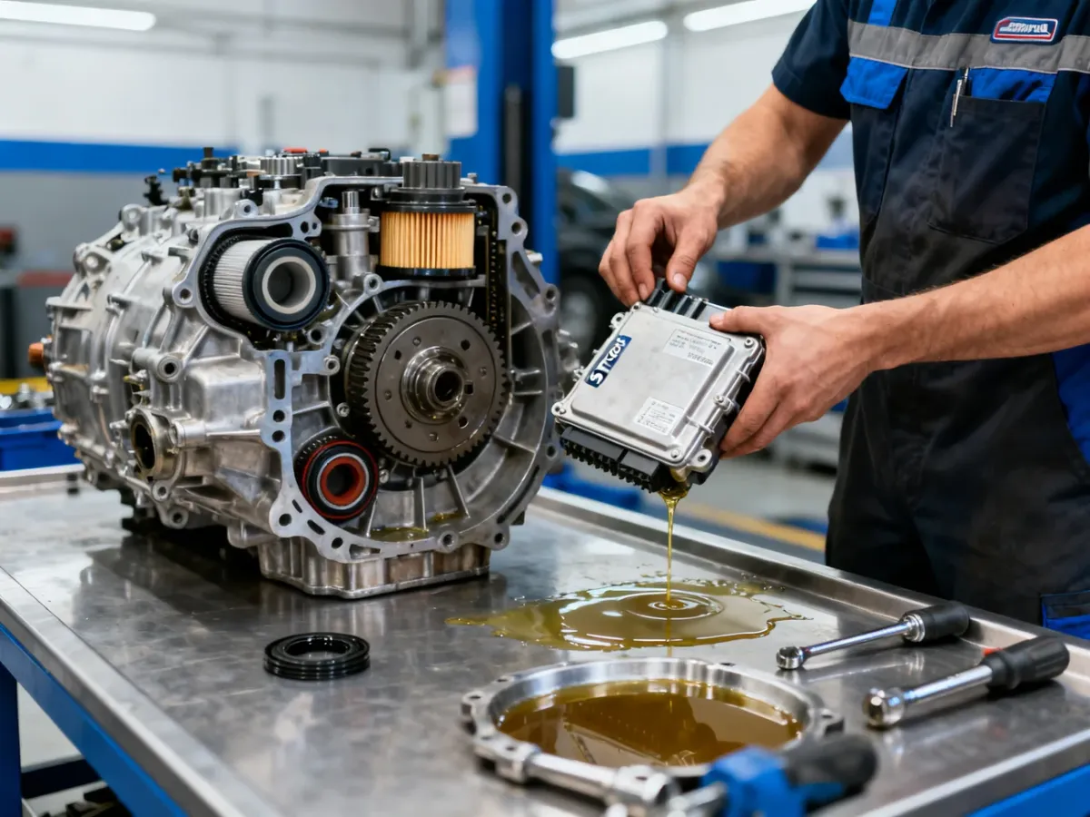 Mechanik demontujący mechatronikę skrzyni S-Tronic i wymieniający jej filtry