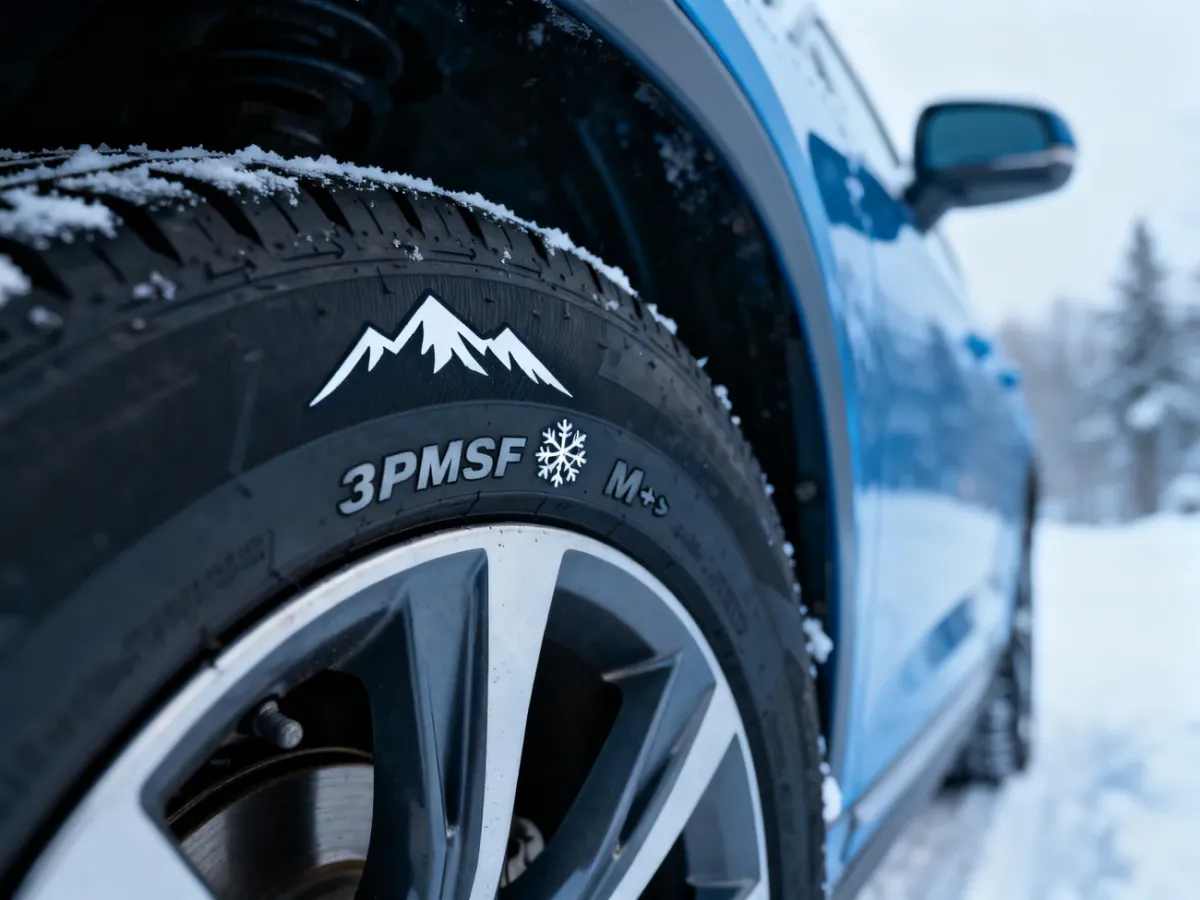 Zbliżenie oznaczeń 3PMSF i M+S na boku opony zimowej