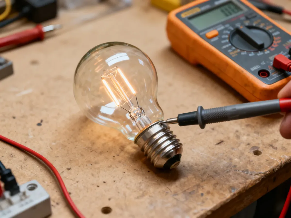 Multimeter testing the continuity of a traditional incandescent bulb