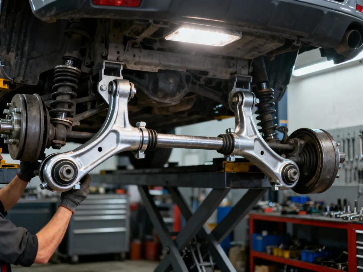 Mechanik wymieniający wahacze po obu stronach przedniej osi samochodu