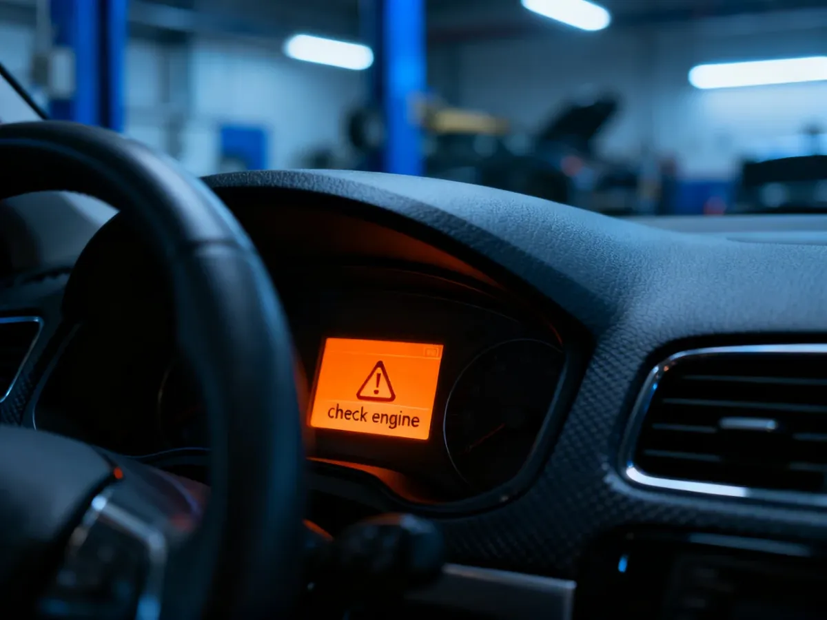 Świecąca pomarańczowa kontrolka „check engine” na desce rozdzielczej samochodu w warsztacie samochodowym.