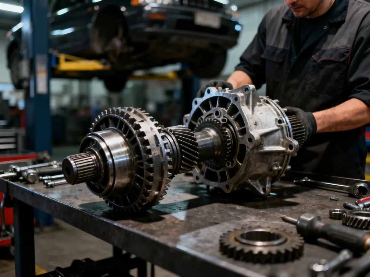 Mechanik sprawdzający wymontowany mechanizm różnicowy w warsztacie