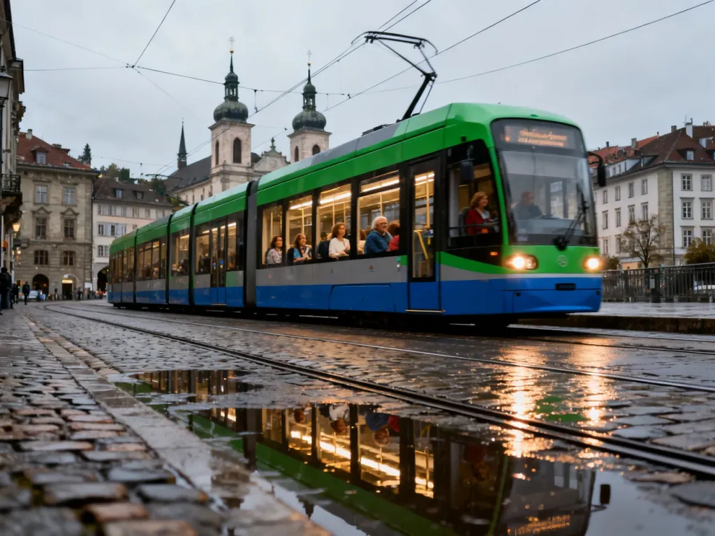 Nowoczesny tramwaj jedzie po mokrych torach w zabytkowym centrum Krakowa, w tle kamienice i kościoły, no text on the picture
