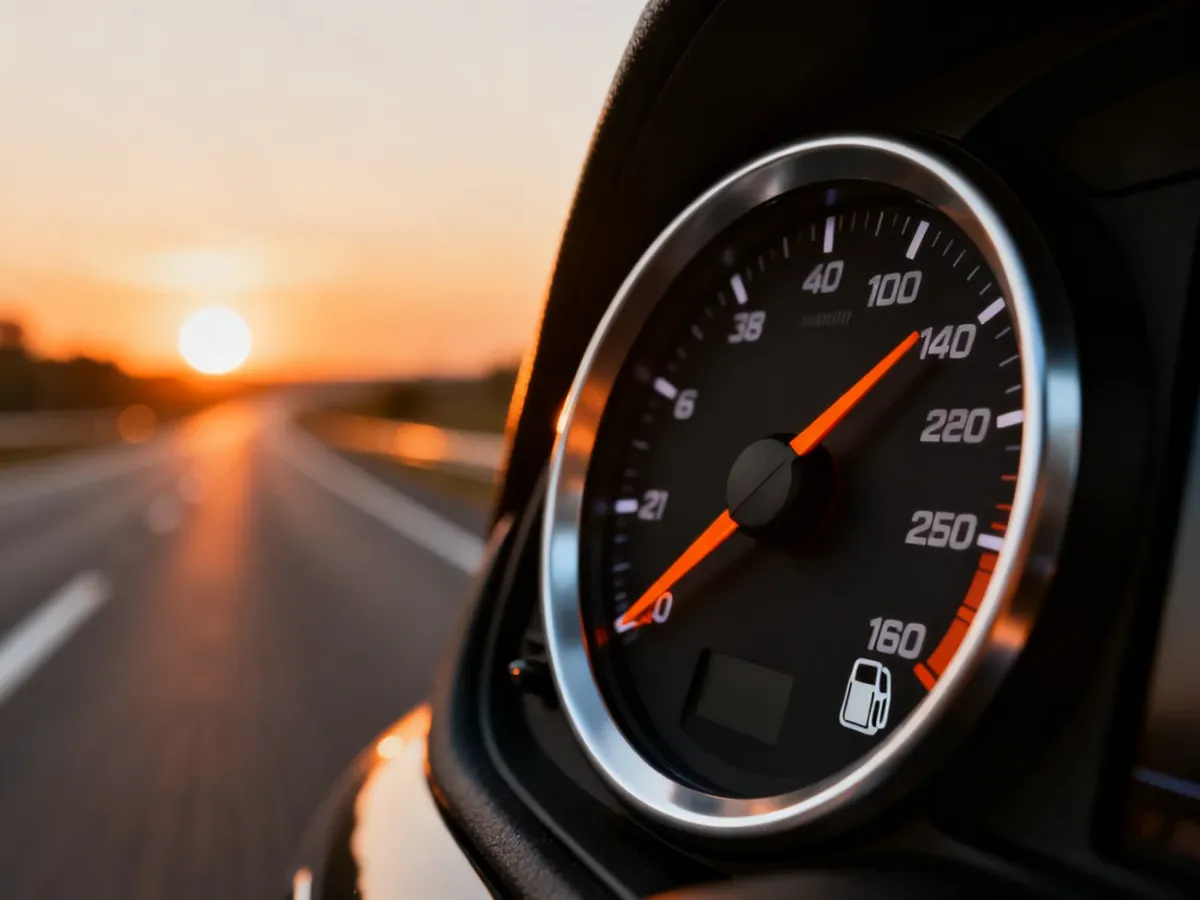 Wskaźnik poziomu paliwa w samochodzie na tle słonecznej autostrady, symbolizujący gotowość do długiej trasy.
