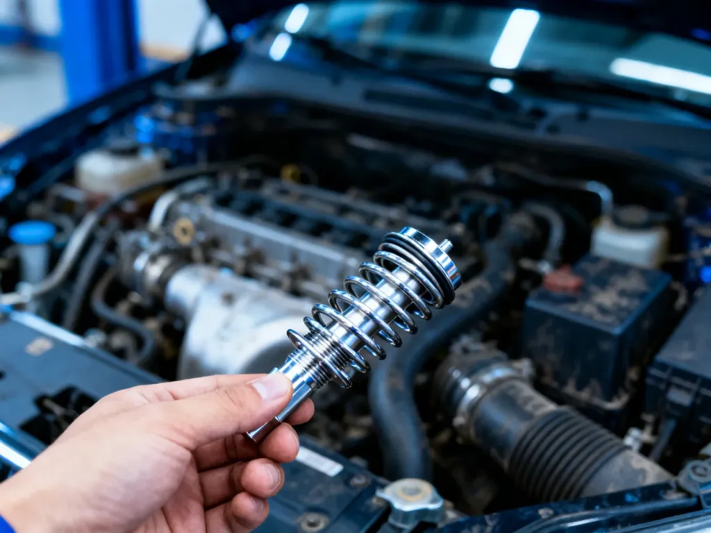 Mechanik trzyma nowy termostat na tle otwartej komory silnika Audi A4 B6, przygotowując się do jego wymiany.