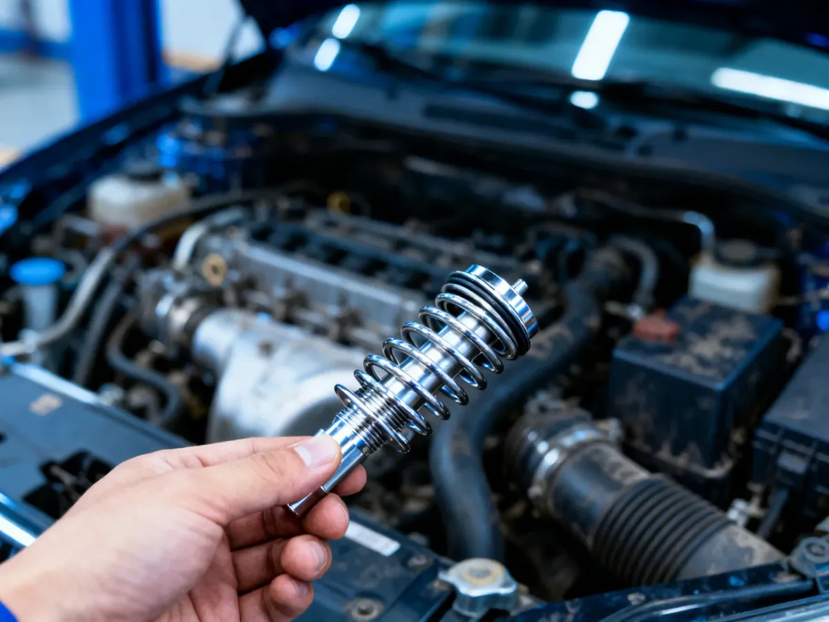Mechanik trzyma nowy termostat na tle otwartej komory silnika Audi A4 B6, przygotowując się do jego wymiany.