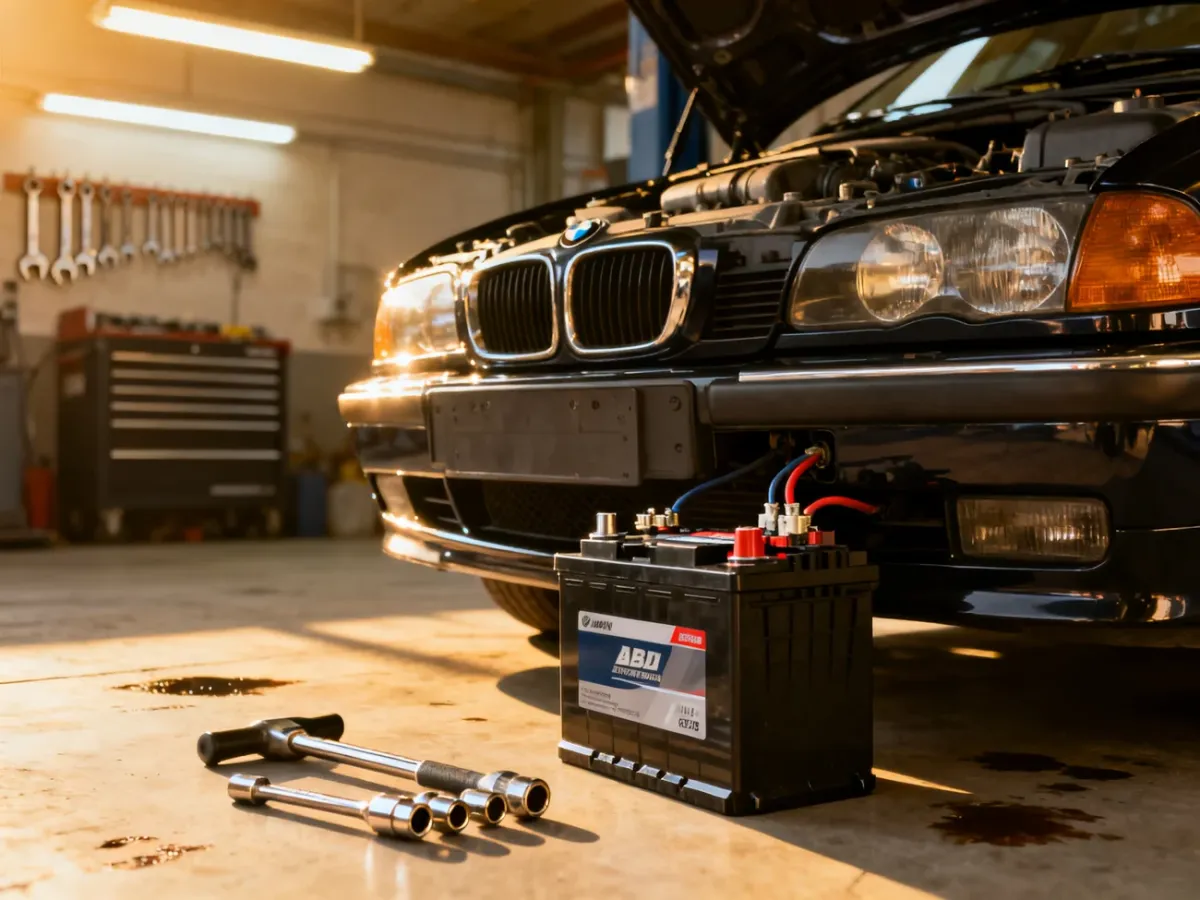 Mechanik wymienia akumulator pod maską BMW E39, używając profesjonalnych narzędzi w jasnym warsztacie.