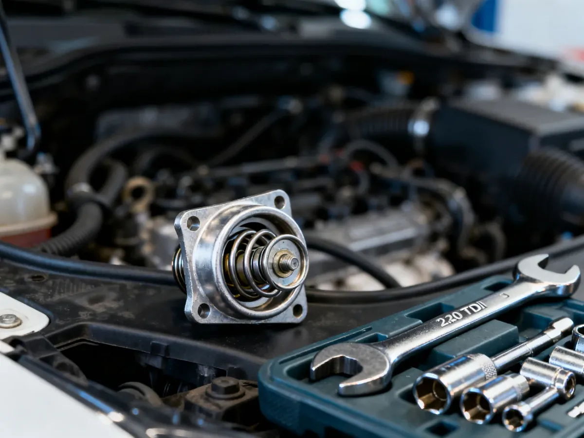 Nowy termostat oraz zestaw narzędzi warsztatowych przygotowane do wymiany w komorze silnika Audi A4 B7 2.0 TDI.